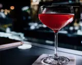 Ein roter Sloe Gin Tonic in einem eleganten Glas, garniert mit einer dunklen Zweigspitze, steht auf einem Tisch.