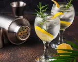Zwei erfrischende Gin Tonic mit Zitrone und Rosmarin, bereit für den perfekten Genuss. Der passende prozentuale Alkoholgehalt macht sie zum idealen Sommerdrink.