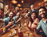 Fröhliche Gruppe bei einer Whisky-Verkostung. Sie stoßen mit Gläsern an, die bernsteinfarbenen Whisky enthalten. Ein mildes Aroma liegt in der Luft.