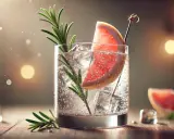 Erfrischender Gin Tonic mit Grapefruit und Rosmarin, serviert mit Eiswürfeln.