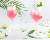 Zwei elegante Gläser mit einem erfrischenden pink spritz, garniert mit Limettenspalten und Minze, umgeben von frischen Limetten und grünen Blättern.