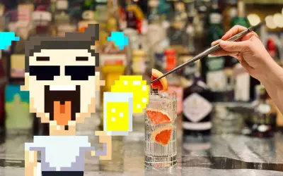 Pixeliger Charakter freut sich über einen erfrischenden Drink mit Grapefruit und Eis. Das ist, was Tonic Water ausmacht: prickelnd und lecker!