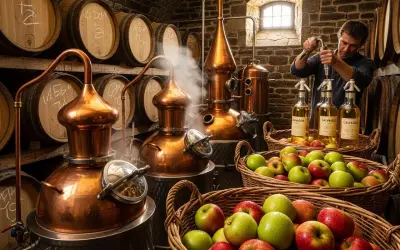 Mann füllt Flaschen mit Calvados ab, daneben Körbe voller Äpfel. So lernt man, wie trinkt man Calvados: direkt aus der Normandie.