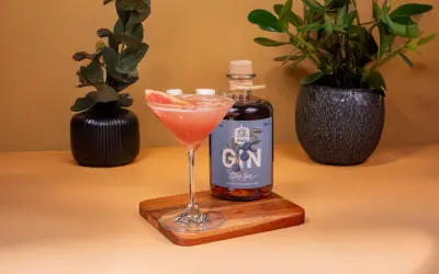 Ein Glas mit pinkfarbenem Gin-Cocktail, garniert mit Grapefruit, neben einer Flasche Sloe Gin. Dekorative Pflanzen im Hintergrund.
