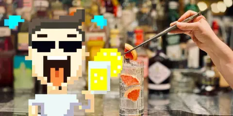 Pixeliger Charakter freut sich über einen erfrischenden Drink mit Grapefruit und Eis. Das ist, was Tonic Water ausmacht: prickelnd und lecker!