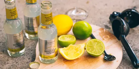 Flaschen mit "Classic Tonic Water", Zitronen- und Limettenspalten auf einem Holzbrett. Die Bedeutung von Gin & Tonic wird hier durch die Zutaten für einen perfekten Drink unterstrichen.