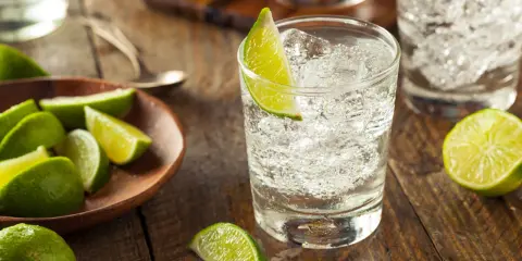 Erfrischender Gin pur trinken mit Eis und Limettenspalten. Frische Limetten liegen daneben.