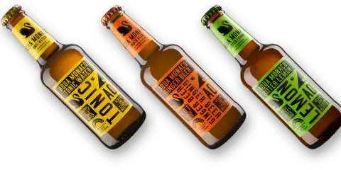 Drei Flaschen Aqua Monaco: Tonic Water, Ginger Beer und Bitter Lemon. Erfrischende Getränke für jeden Geschmack.