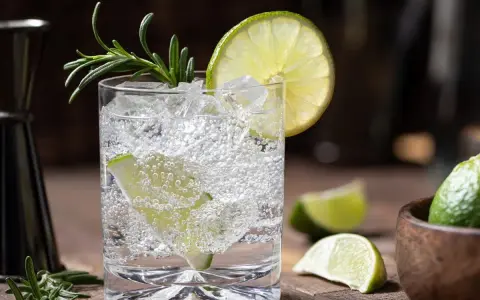 Erfrischende Gin Tonic Mischung mit Eis, Limettenscheiben und Rosmarin garniert.