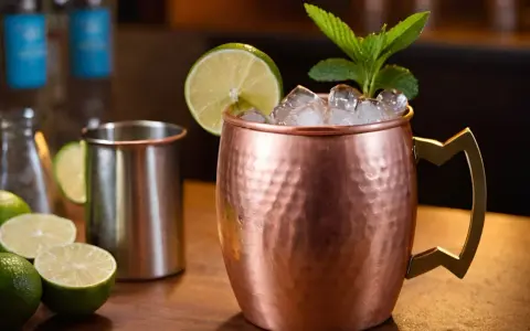 Kupferbecher mit Eis, Limette und Minze. Ein Blick auf den Unterschied zwischen Ginger Ale und Ginger Beer, mit Zutaten wie Limetten und Flaschen im Hintergrund.
