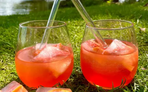 Zwei Gläser Aperol Tonic mit Eis und Orangenscheiben stehen im Gras.