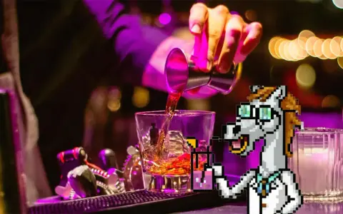 Pixel-Pferd mixt einen Drink, achtet auf das perfekte Gin Tonic Ratio.