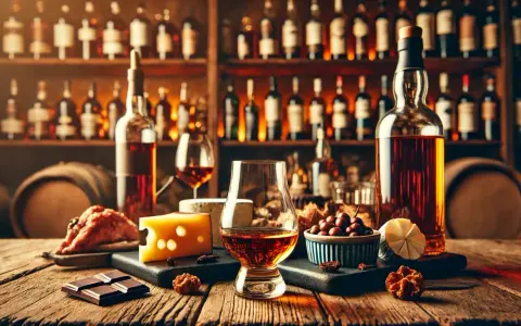Ein Glas mit rauchigen Whiskys steht auf einem Holztisch, daneben Käse, Schokolade und Kirschen. Im Hintergrund Regale voller Flaschen.