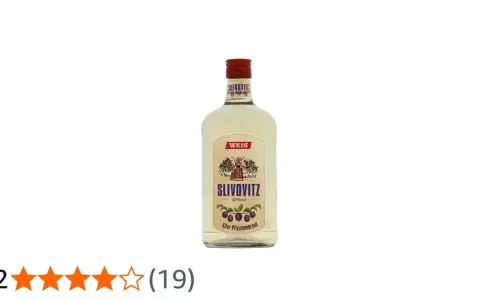 Flasche "WEIS SLIVOVITZ" mit Pflaumenmotiv. Der "Alter Pflaumenbrand" erzählt von seiner Herkunft.
