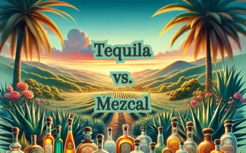 Sonnenuntergang in Mexiko: Palmen, Agavenfelder und Flaschen von Tequila vs. Mezcal.