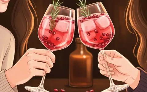 Zwei Hände stoßen mit Aperol Spritz an. Der Drink schmeckt erfrischend süß-bitter, mit Eiswürfeln und Granatapfelkernen.