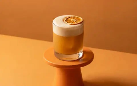 Ein cremiger Amaretto Sour mit einer getrockneten Orangenscheibe auf einem kleinen orangefarbenen Podest, vor einem warmen, orangenen Hintergrund.