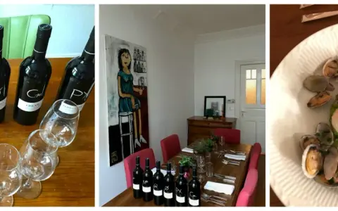 Weinprobe mit verschiedenen Sherry-Sorten: Fino, Manzanilla, Amontillado, Oloroso, Cream und Pedro Ximénez. Dazu ein Teller mit Muscheln und Gemüse.