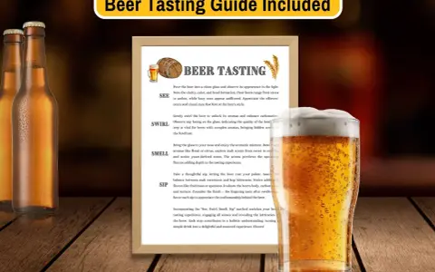 Bierverkostung: Gläserne Flaschen, ein Glas Bier und eine Anleitung. Entdecke den Gin-Beeren-Geschmack im Bier.