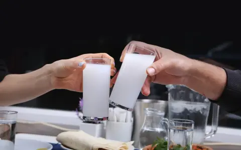 Zwei Hände stoßen mit Gläsern voller weißem Raki an. So trinkt man Raki: langsam, mit Freunden und gutem Essen.