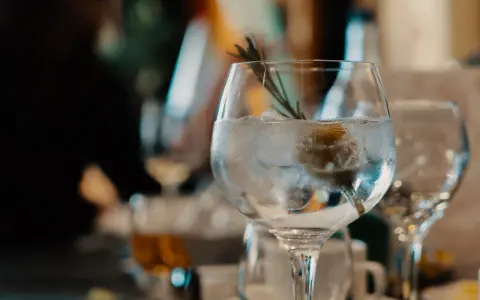 Ein erfrischender nordes Gin Tonic mit Eis, Zitrone und Rosmarin, bereit zum Genießen.