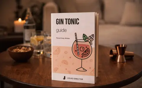 Ein Buch mit dem Titel "Gin Tonic Guide" liegt auf einem Holztisch. Daneben stehen Gläser mit Gin Tonic, eine Schale mit Nüssen und ein Jigger. Perfekt für den Aperitif!