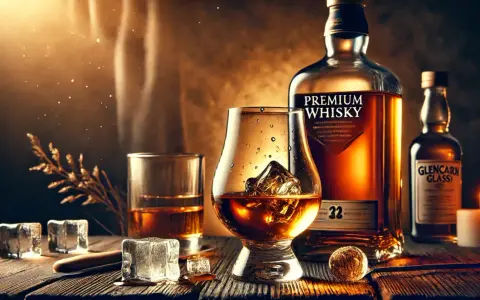 Ein Glas **whiskey neat** mit Eiswürfeln, daneben eine Flasche Premium Whisky und eine Kerze.