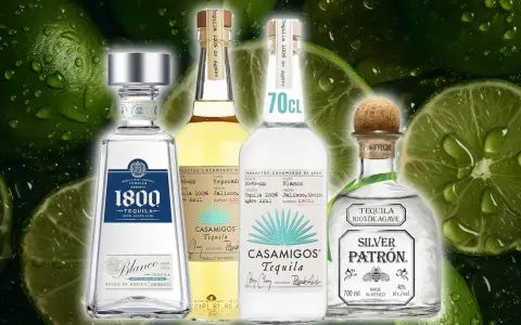 Vier Flaschen Tequila, darunter 1800 Blanco, Casamigos Reposado und Silver Patron, vor einem Hintergrund aus nassen Limetten. Ob Tequila gold oder silber, die Auswahl ist groß.