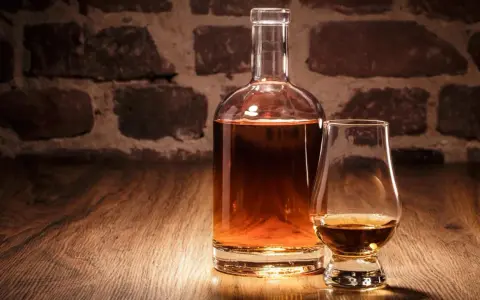 Eine Karaffe und ein Glas mit bernsteinfarbenem Whisky vor einer Ziegelwand. Verschiedene Whisky-Sorten laden zum Genuss ein.