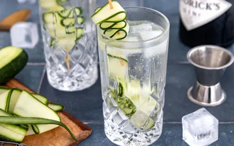 Erfrischendes Gin Tonic Rezept mit Gurke: Eisgekühlte Gläser, frische Gurkenscheiben und eine Flasche Gin.