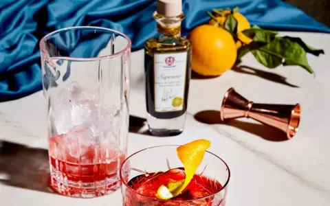Ein Glas mit Eis und rotem Drink, daneben eine Flasche mit der Aufschrift "Saponoso". Orangen und ein Messbecher vervollständigen die Szene. Grappa, was ist das?