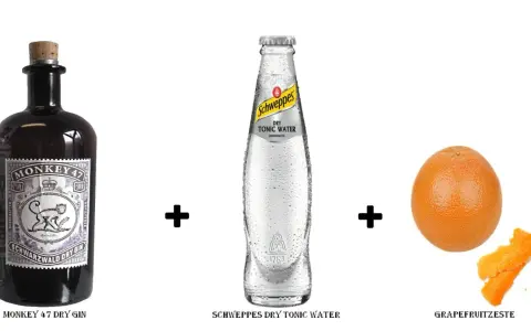 Zutaten für ein Monkey 47 Gin Tonic Rezept: Monkey 47 Dry Gin, Schweppes Dry Tonic Water und Grapefruitzeste.
