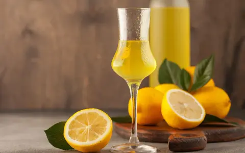 Ein Glas mit leuchtend gelbem Limoncello, daneben frische Zitronen und eine Flasche. So sieht Limoncello aus!