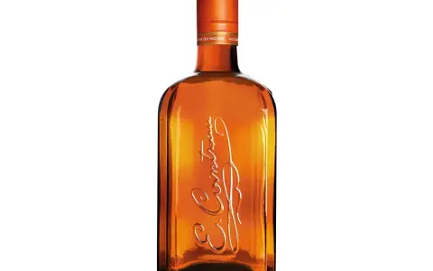 Bernsteinfarbene Flasche mit eingeprägtem Schriftzug, eine Cointreau Alternative für Cocktails.