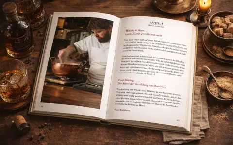 Ein Koch bereitet etwas in einem Kupfertopf zu, während ein Buch über die richtige trinktemperatur whisky daneben liegt.