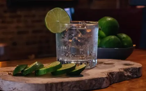 Erfrischender Gin Tonic mit Eis, Limettenscheiben und einer Schale voller Limetten. Perfekt für einen warmen Abend.