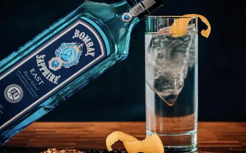 Eine Flasche Bombay Sapphire East Gin lehnt an einem Glas mit Eis und Zitronenschale. Was bedeutet Gin? Erfrischend und aromatisch.
