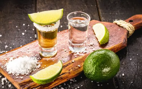 Zwei Gläser Tequila, eines mit Salzrand und Limettenspalte, daneben Salz und Limetten. Perfekt zum Tequila trinken.