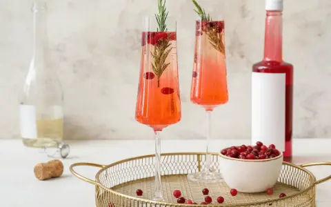 Zwei festliche Cocktails mit Cranberry und Rosmarin. Ein Glas mit dem süßen Likör Triple Sec wäre die perfekte Ergänzung.