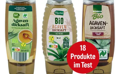 Drei Flaschen Agavendicksaft, eine natürliche Alternative zu honig, stehen nebeneinander. Ein roter Kreis verkündet "18 Produkte im Test".