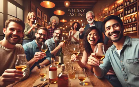 Fröhliche Gruppe bei einer Whisky-Verkostung. Sie stoßen mit Gläsern an, die bernsteinfarbenen Whisky enthalten. Ein mildes Aroma liegt in der Luft.