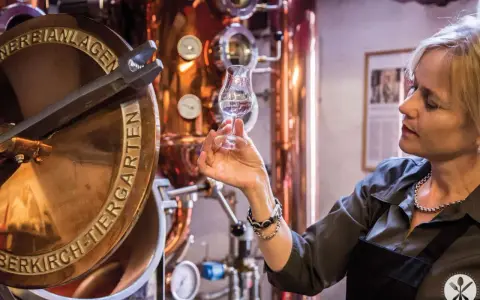 Frau verkostet Genever in einer Brennerei. Kupferne Anlagen und ein Glas mit dem klaren Schnaps sind zu sehen.