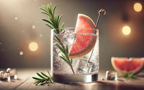 Erfrischender Gin Tonic mit Grapefruit und Rosmarin, serviert mit Eiswürfeln.