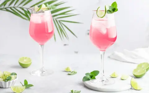Zwei elegante Gläser mit einem erfrischenden pink spritz, garniert mit Limettenspalten und Minze, umgeben von frischen Limetten und grünen Blättern.