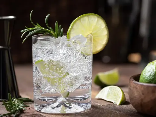 Erfrischende Gin Tonic Mischung mit Eis, Limettenscheiben und Rosmarin garniert.