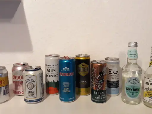 Eine Auswahl an Gin Tonic Dosen und Flaschen, bereit für einen entspannten Abend.
