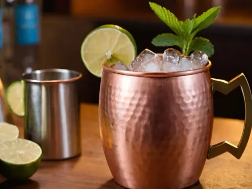 Kupferbecher mit Eis, Limette und Minze. Ein Blick auf den Unterschied zwischen Ginger Ale und Ginger Beer, mit Zutaten wie Limetten und Flaschen im Hintergrund.
