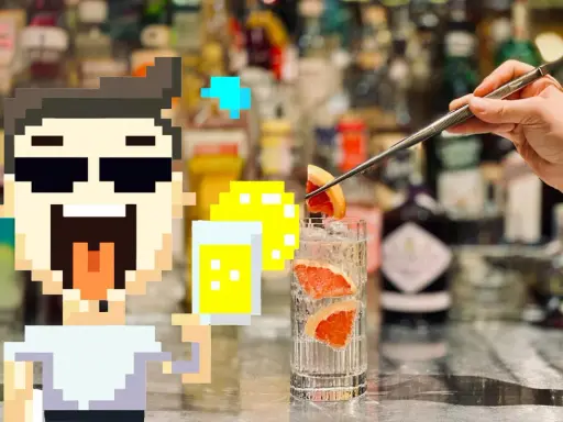 Pixeliger Charakter freut sich über einen erfrischenden Drink mit Grapefruit und Eis. Das ist, was Tonic Water ausmacht: prickelnd und lecker!