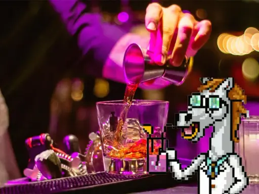 Pixel-Pferd mixt einen Drink, achtet auf das perfekte Gin Tonic Ratio.