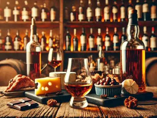 Ein Glas mit rauchigen Whiskys steht auf einem Holztisch, daneben Käse, Schokolade und Kirschen. Im Hintergrund Regale voller Flaschen.